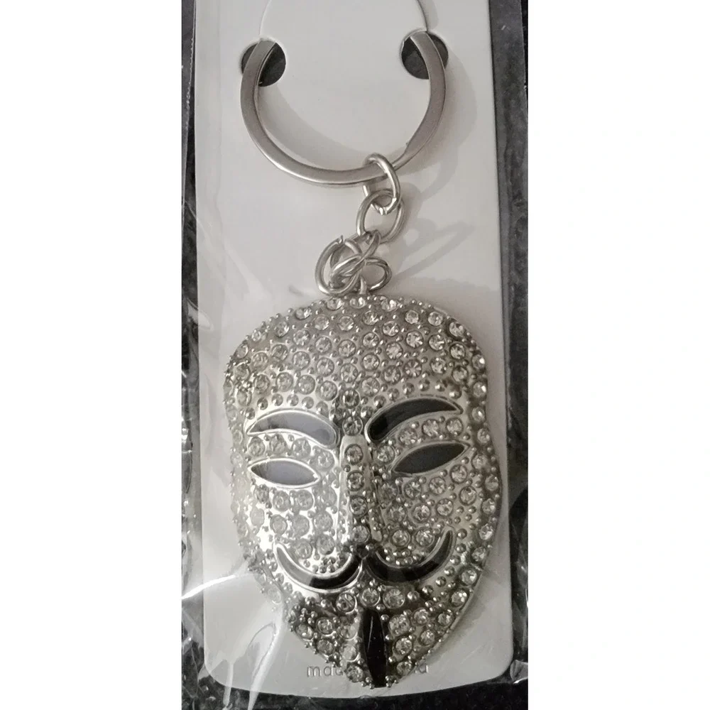 Mint Guy Fawkes Anonymous Mask Rhinestone Keychain Silver V for‎ Vendetta Bling